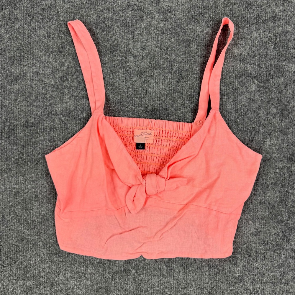 Universal Thread Tank Top Womens Size M Coral Pink Linen Tie Front Smocked Crop